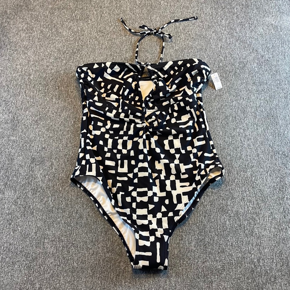 Banana Republic One Piece Swimsuit Halter Strapless Black White Geometric L NWT